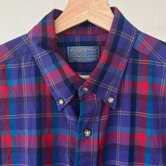 Pendleton 100% Wool Purple Plaid Flannel Button Up Vintage 90's Large - Picture 6 of 13